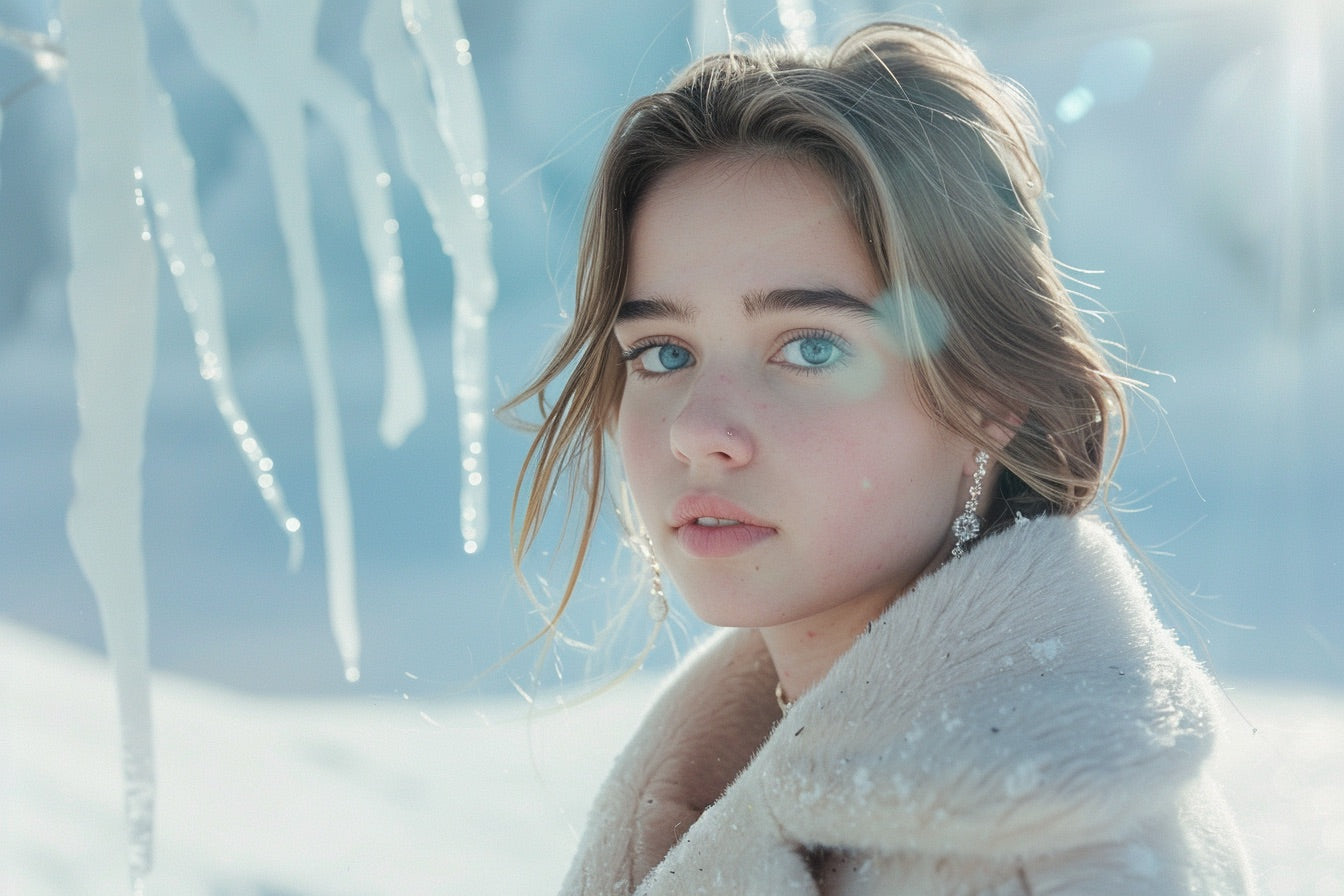 Woman in a snowy landscape with icicles