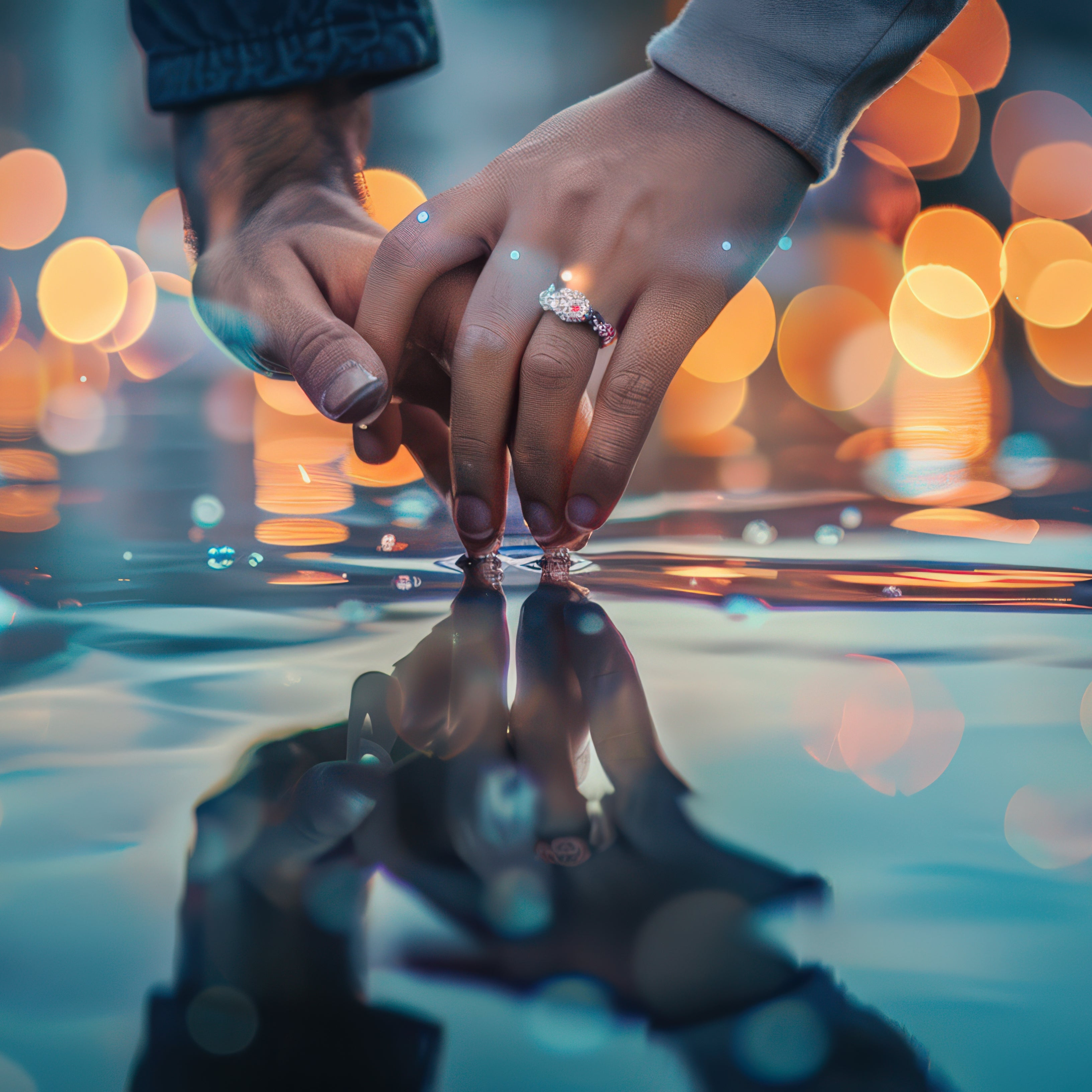 Two hands touching with a ring, reflected on water with blurred lights in the background