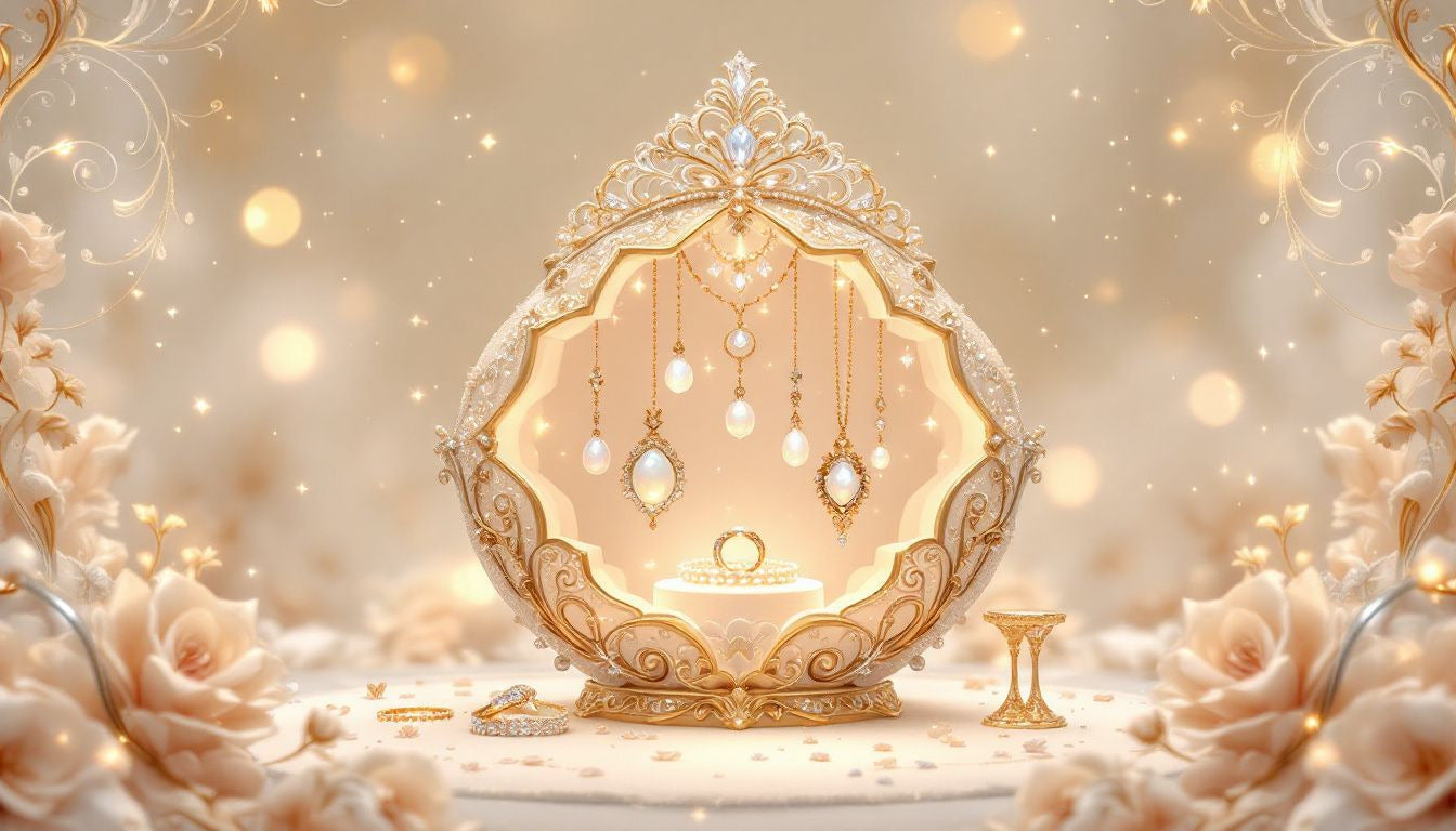 a beautiful array of rose gold and yellow gold wedding day jewelry hanging down from a lab diamond shaped tiara surrounded by eternity bands