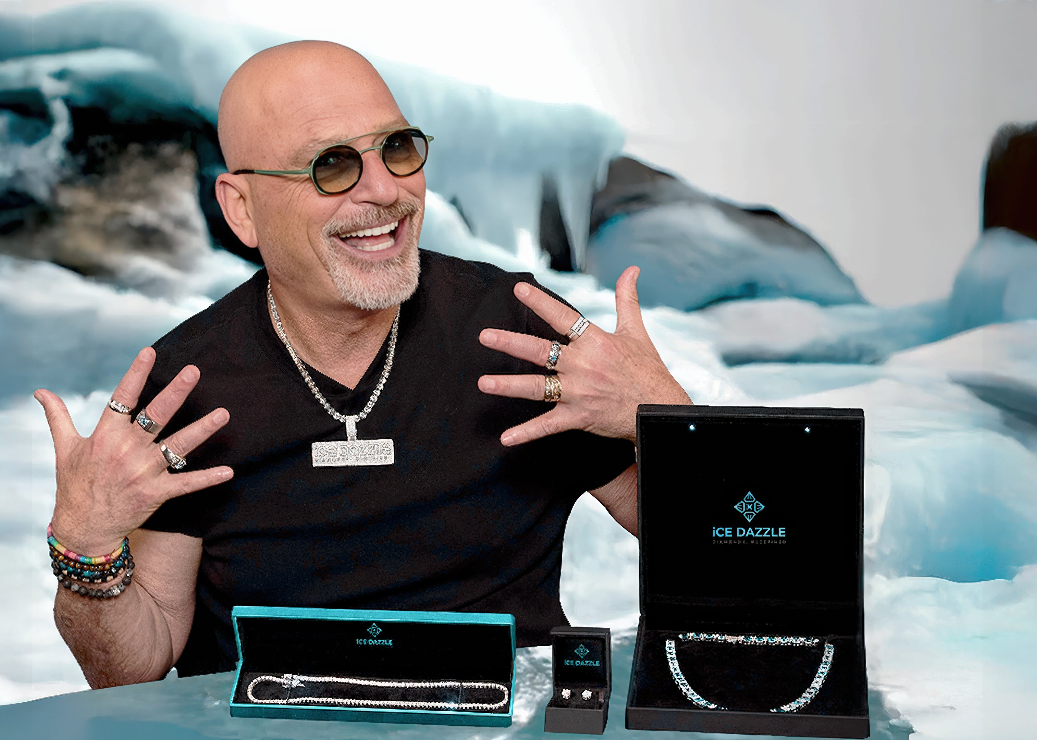 Howie Mandel displaying jewelry with Ice Dazzle packaging in a snowy setting