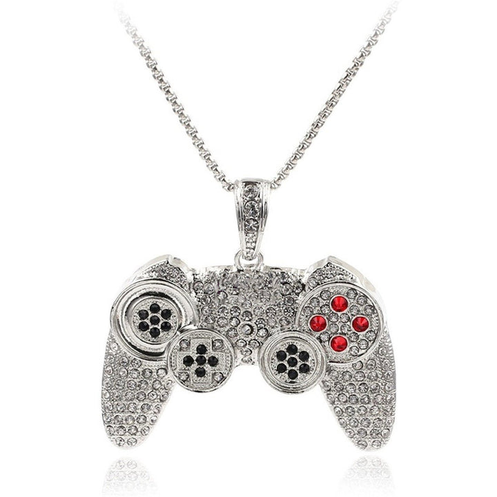 Shiny silver gaming controller pendant with intricate ice design details 