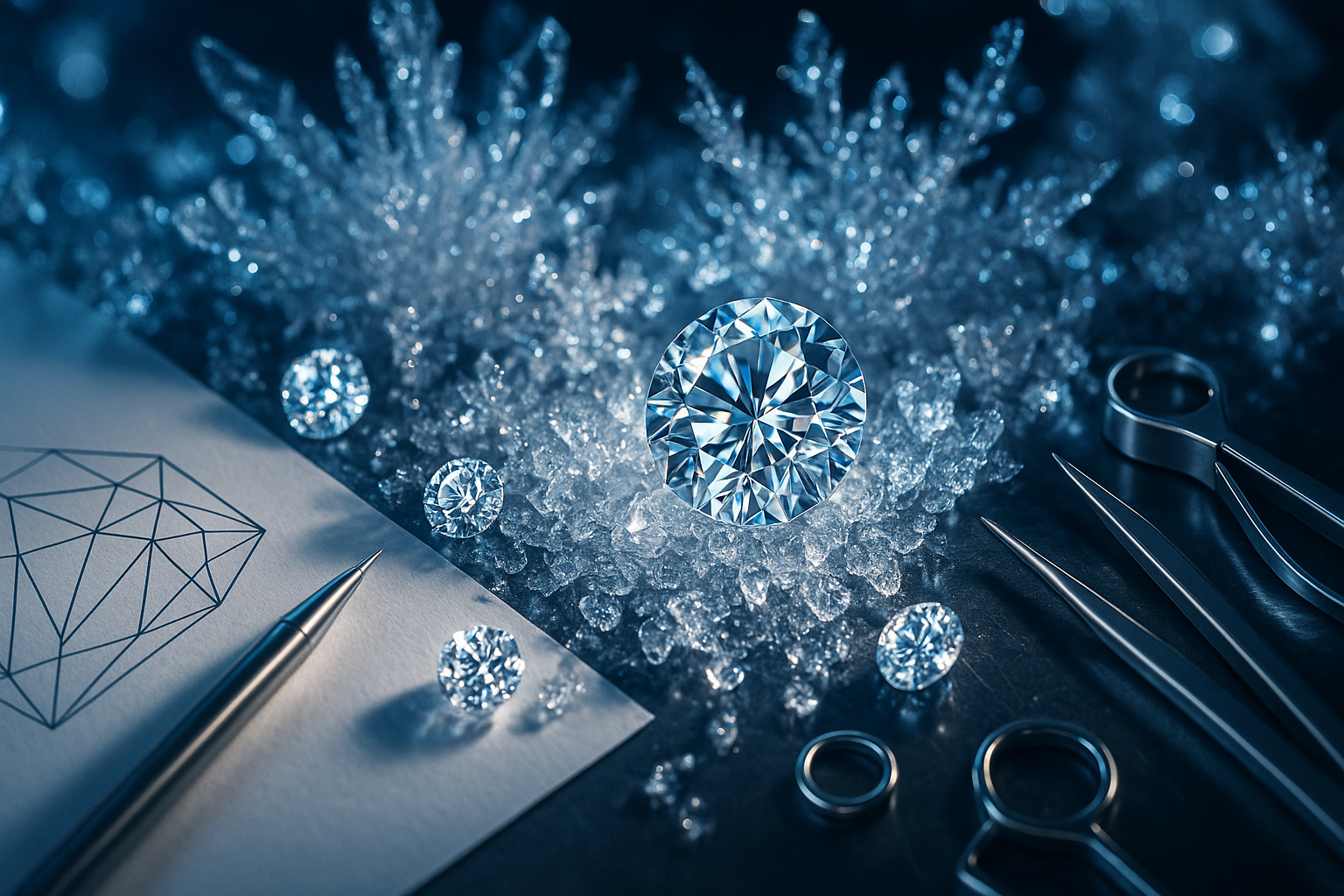 Image for this image text section with heading How it Started - ensure to capture Ice Dazzle's allure and brand - the text below heading will be: With a simple question: What if we could create a jewelry experience that was better, smarter, and more brilliant in every way? An experience built on innovation, not tradition; sustainability, not sacrifice; and perfection, not compromise.
