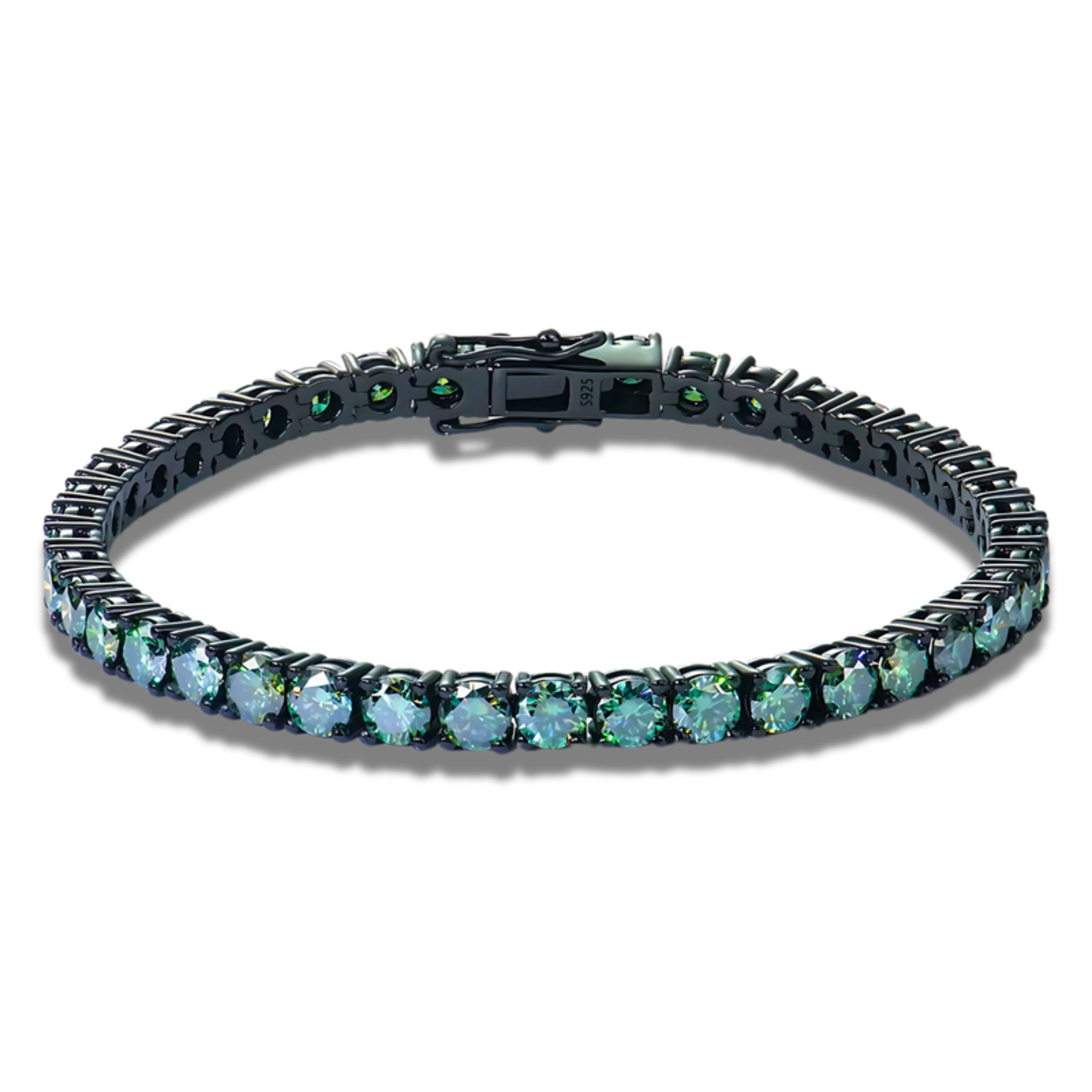 Black metal bracelet with green gemstones on a white background