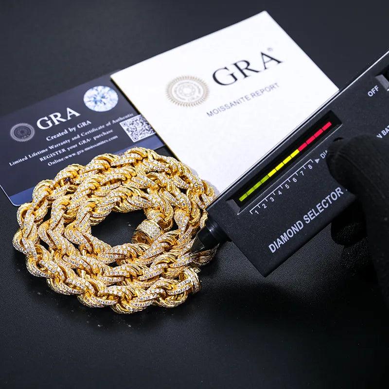 A 14mm frosted rope chain alongside a testing tool for identifying diamonds