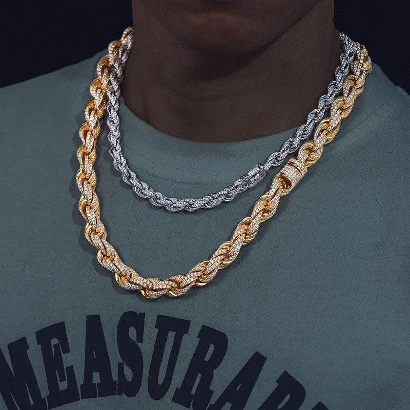 A person wearing a green shirt showcasing the 14mm frosted rope chain around their neck