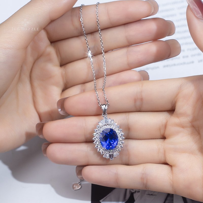 Cobalt Spinel / Lab Grown Diamond Necklace in 18K White Gold (5.97 Ct. Tw.) - Ice Dazzle - VVX™ Lab Diamond - Fashion Pendant