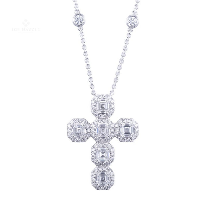 Lab Grown Diamond Asscher Cross Necklace in 14K White Gold (3.18 Ct. Tw.) - Ice Dazzle - VVX™ Lab Diamond - Fashion Necklace