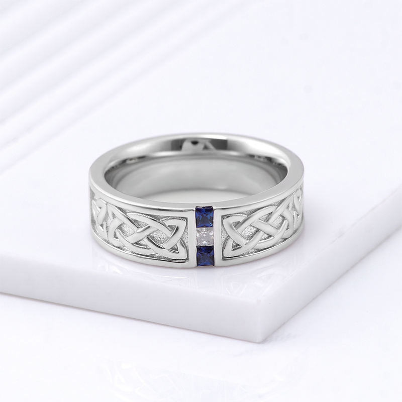 Pavé-Set Sapphire & Lab Diamond 6mm Wedding Band for Men - 10K White Gold - Ice Dazzle - VVX™ Lab Diamond - Wedding Bands