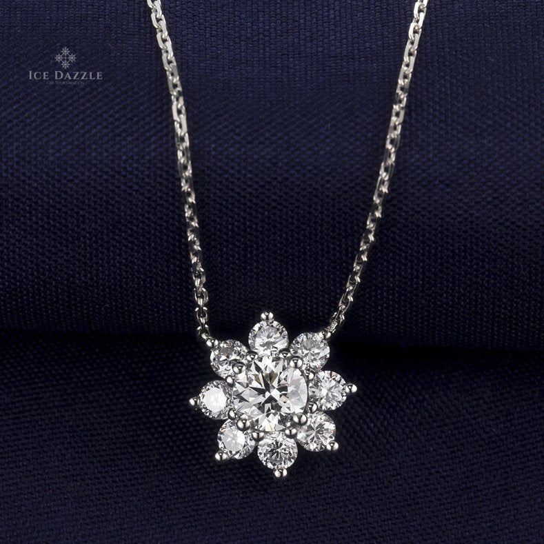 Sunflower Design Lab Grown Diamond Necklace in 18K White Gold - Ice Dazzle - VVX™ Lab Diamond - Fashion Pendant